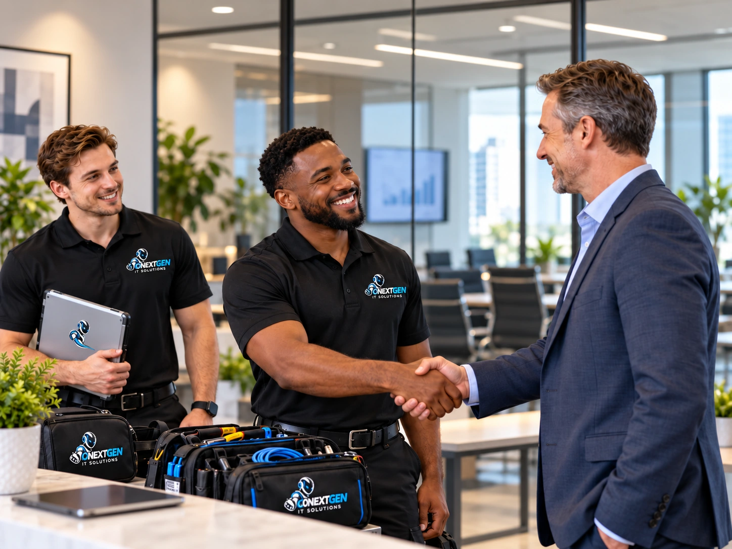 NextGen technicians and a business customer shaking hands after resolving an IT issue