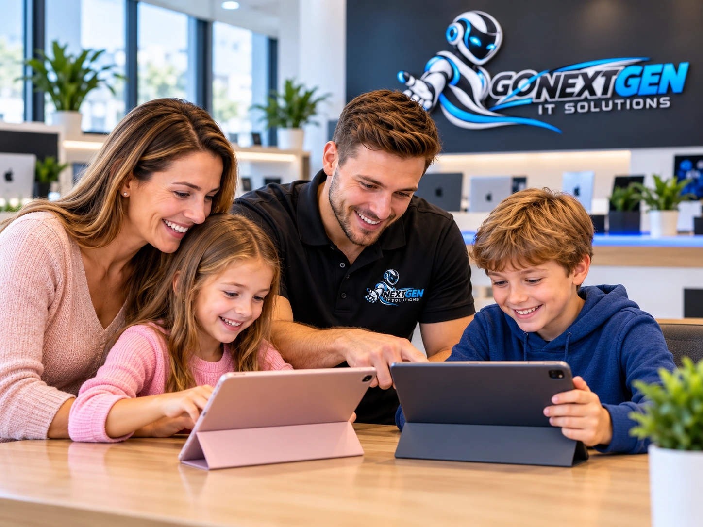 A NextGen technician helping a mother and her children use their tablets