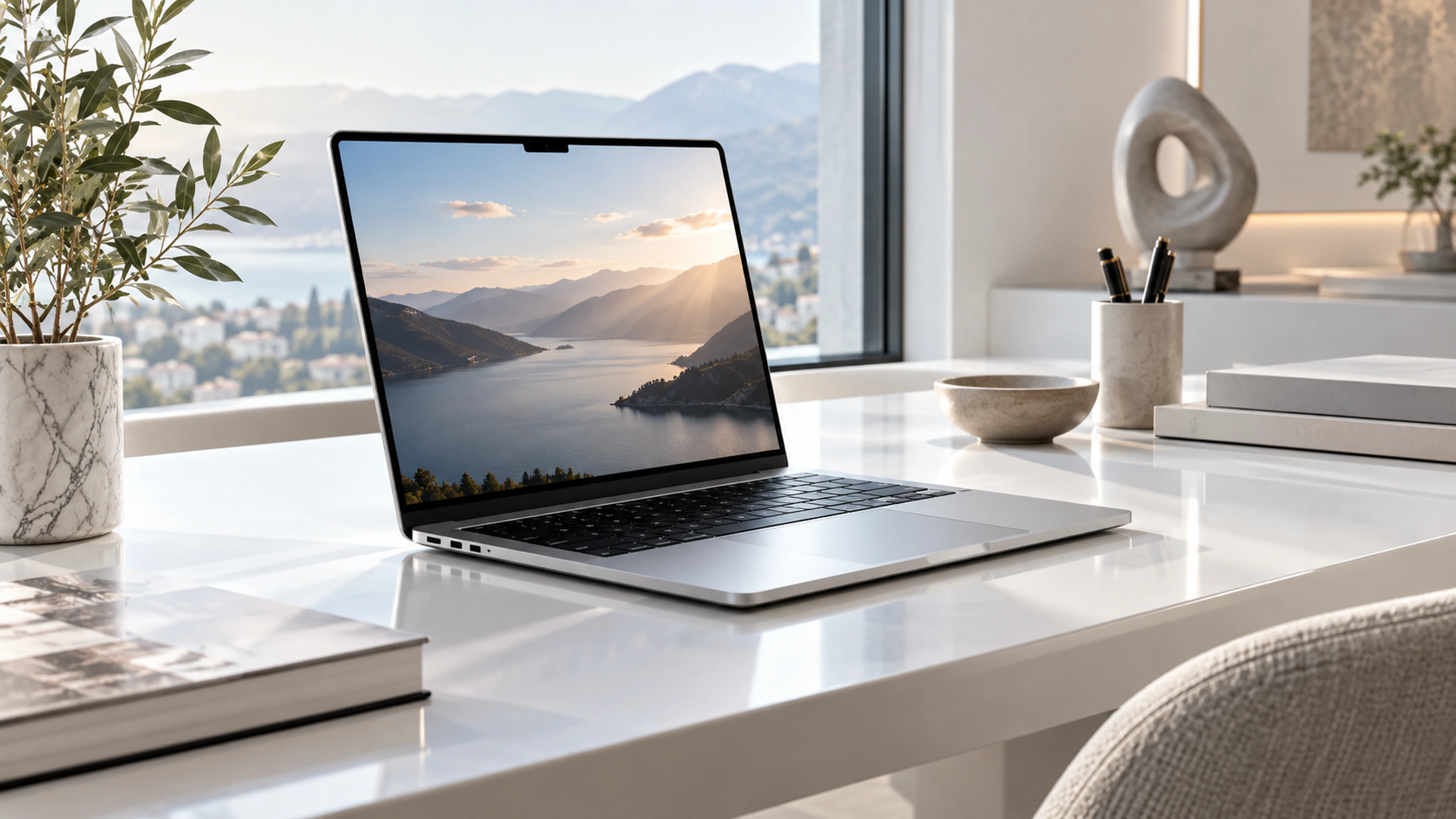 Premium silver laptop on a clean bright work desk