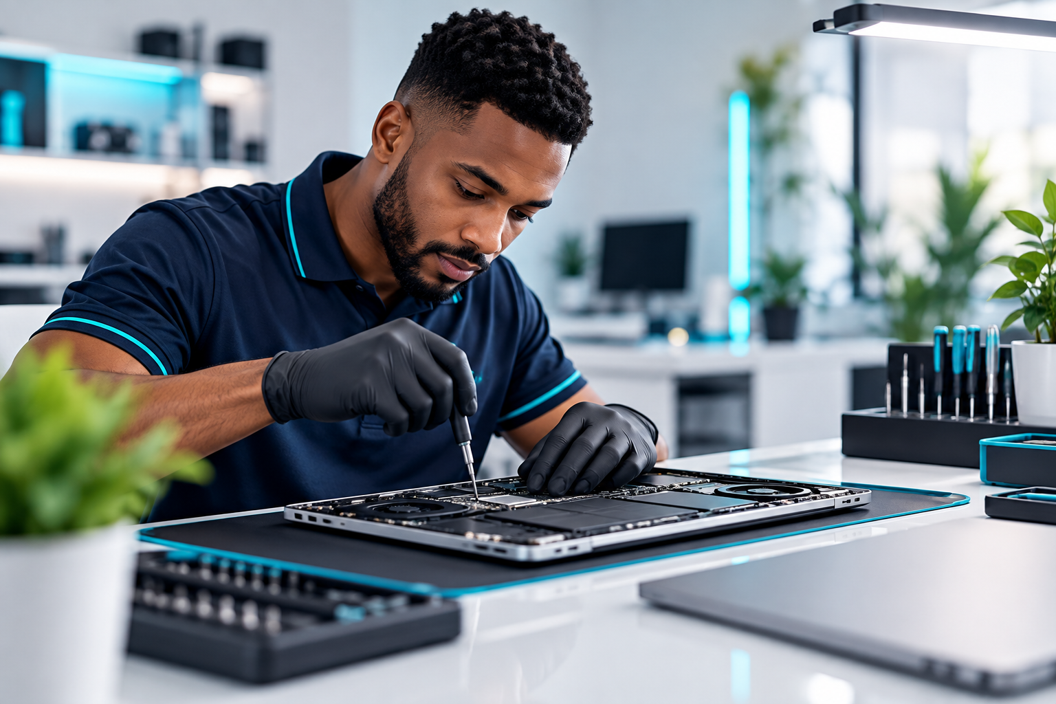 Man carefully repairing a laptop in a bright modern workshop